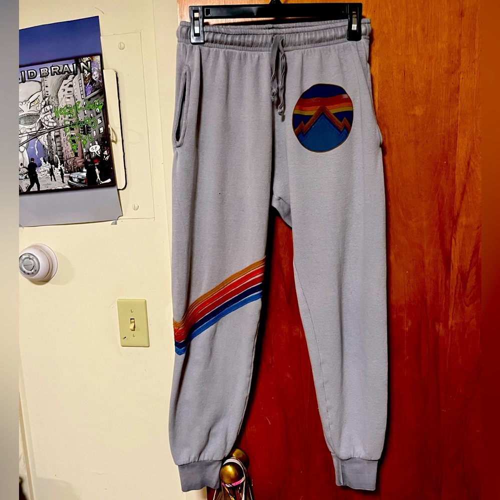 Aviator Nation Gray Joggers with Rainbow Stripes